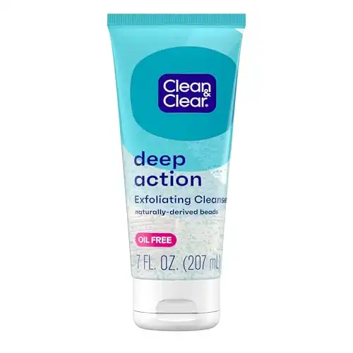 Clean & Clear Deep Action Exfoliating Cleanser with Pro-Vitamin B5, Gentle Exfoliating Daily Face Scrub Cleans Deep Down to the Pore for Soft, Smooth, Hydrated Skin, Oil Free Face Wash, 7 FL OZ