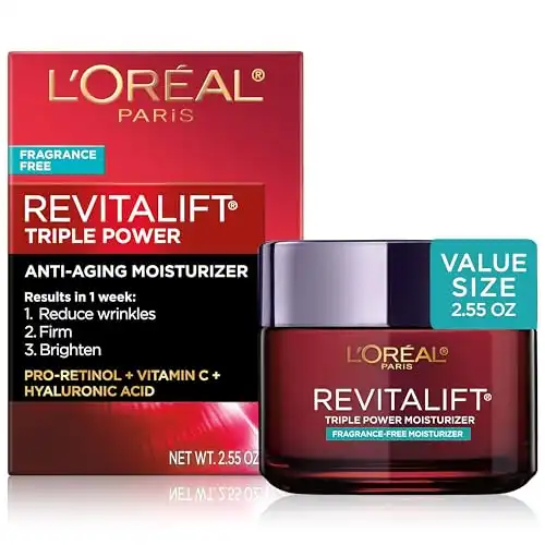 L'Oreal Paris Revitalift Triple Power Anti-Aging Face Moisturizer, Fragrance Free, Pro Retinol, Hyaluronic Acid & Vitamin C to Reduce Wrinkles, Firm & Brighten Skin, 2.55 Oz